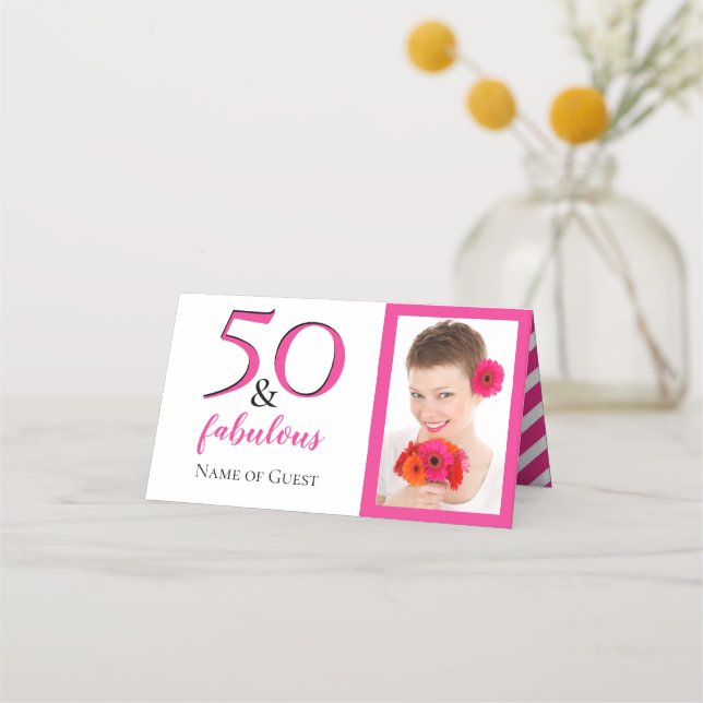 50 & Fabulous Photo Pink Chevron White Party Place Card (Front)