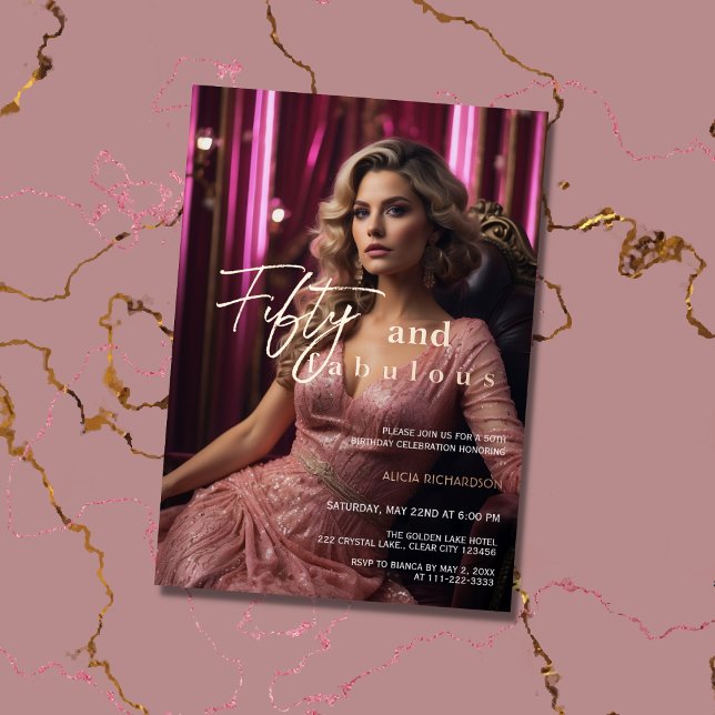 50 & Fabulous Photo Pink Rose Gold Foil Invitation (Creator Uploaded)