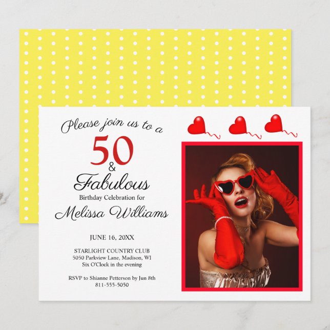 50 & Fabulous Photo Red 50th Birthday Yellow White Invitation (Front/Back)