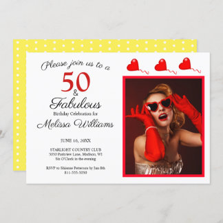 50 & Fabulous Photo Red 50th Birthday Yellow White Invitation
