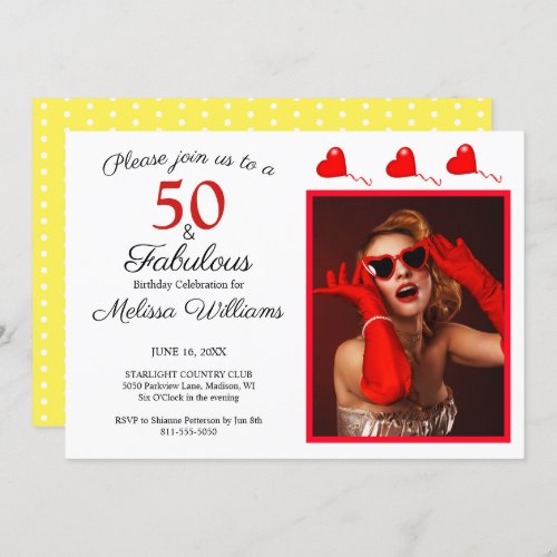 50  Fabulous Photo Red 50th Birthday Yellow White Invitation