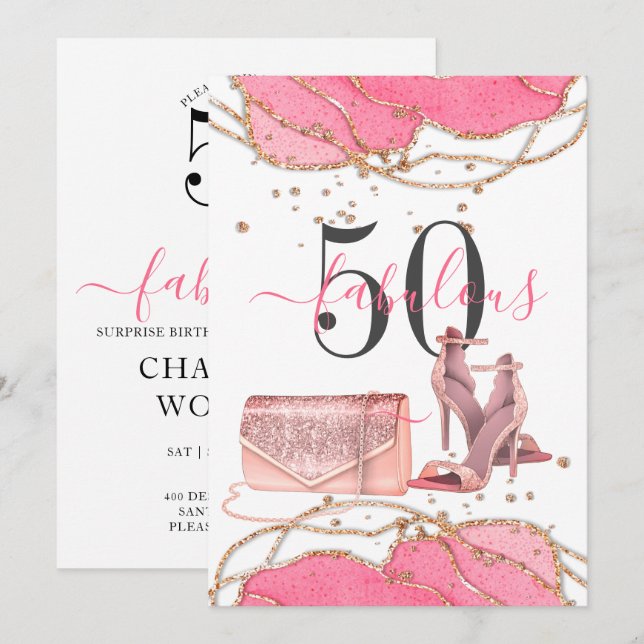 50 Fabulous Pink Agate Gold Glitter Dancing Shoes Invitation (Front/Back)