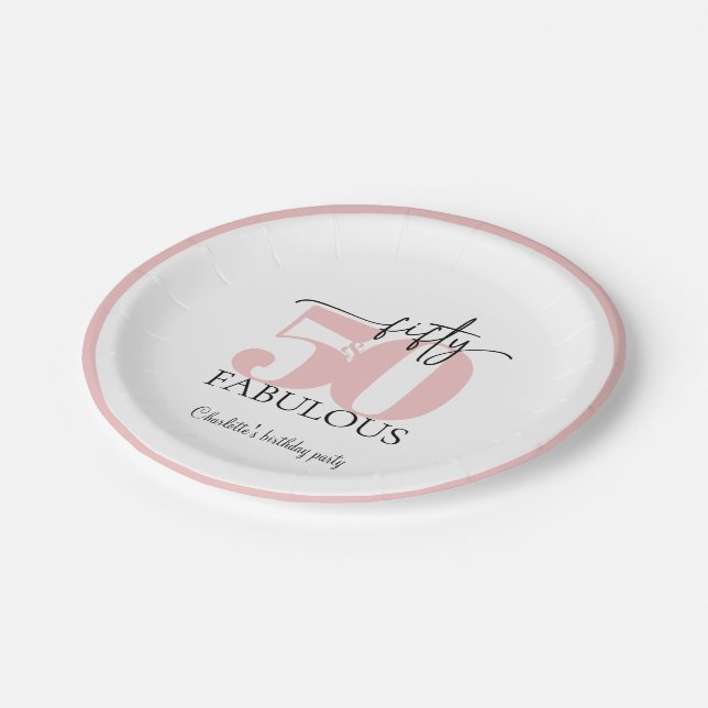 "50 & Fabulous" Pink and Black Birthday Paper Plates (Angled)