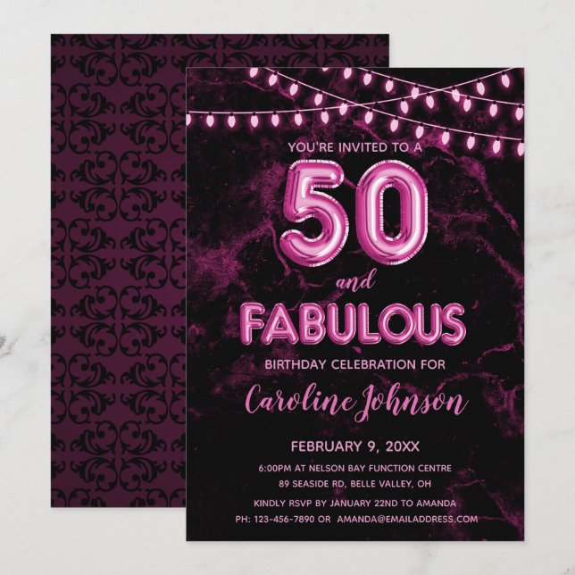 50 & Fabulous Pink Balloon Birthday Invitations (Front/Back)