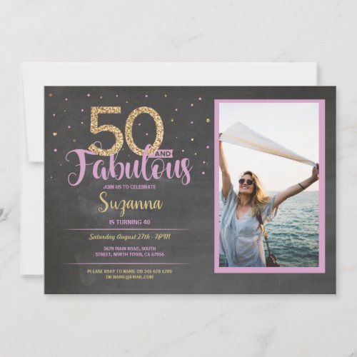 50  Fabulous Pink Birthday Party 50th Gold Photo Invitation
