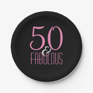 50 & Fabulous Pink Black   Elegant Birthday Party Paper Plates