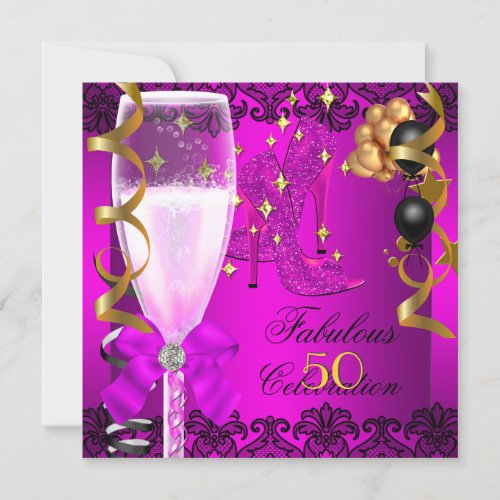 50 Fabulous Pink Black Gold 50th Champagne Party Invitation
