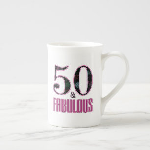 50 & Fabulous Pink Black Typography 50th Birthday Bone China Mug