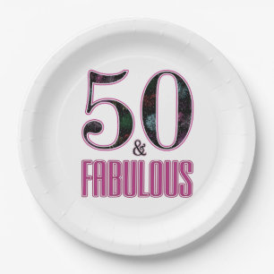 50 & Fabulous Pink Black Typography 50th Birthday Paper Plates