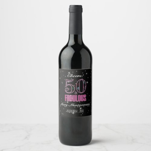 50  Fabulous Pink Black Typography 50th Birthday Wine Label