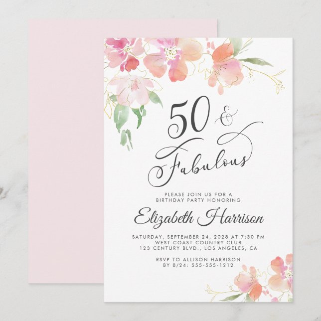 50 Fabulous Pink Floral Watercolor Birthday Party  Invitation (Front/Back)