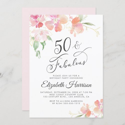 50 Fabulous Pink Floral Watercolor Birthday Party  Invitation