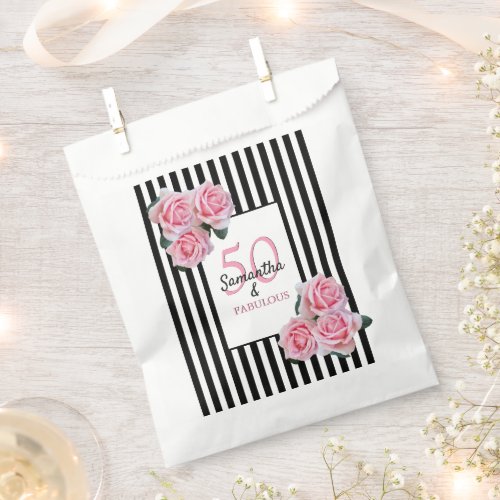 50 fabulous pink florals black white stripes favor bag