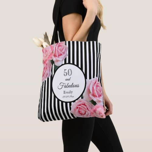 50 fabulous pink florals black white stripes name tote bag