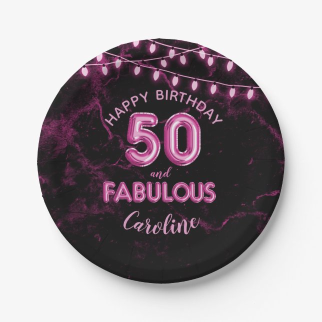 50 & Fabulous Pink Foil Balloons & String Lights Paper Plates (Front)