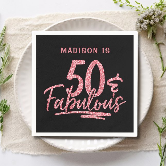 50 & Fabulous Pink Glitter 50th Birthday Name Napkins (Creator Uploaded)
