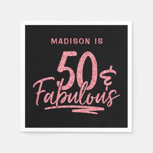 50  Fabulous Pink Glitter 50th Birthday Name Napkins