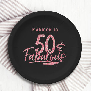 50 & Fabulous Pink Glitter 50th Birthday Name Paper Plates