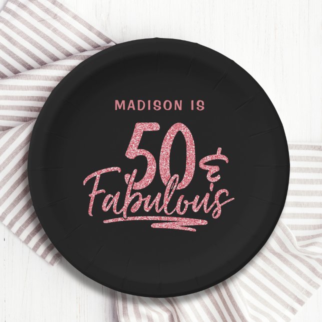 50 & Fabulous Pink Glitter 50th Birthday Name Paper Plates (Creator Uploaded)