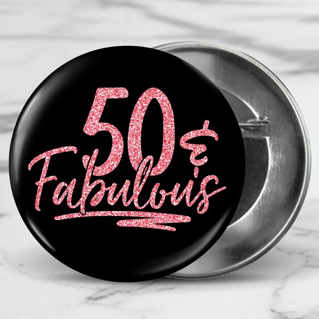 50 & Fabulous Pink Glitter 50th Birthday Sparkle Button (Creator Uploaded)