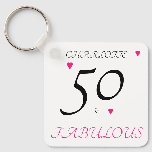 50 & fabulous pink hearts 50th birthday  keychain (Front)