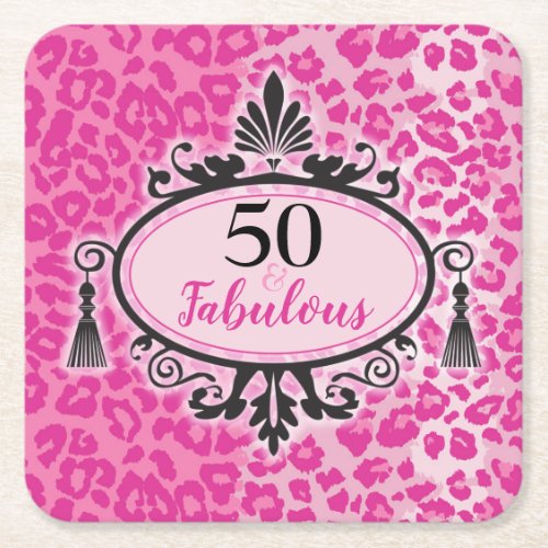 50  Fabulous Pink Leopard 50th Birthday  Napkins  Square Paper Coaster