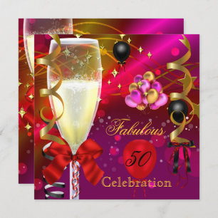 50 & Fabulous Pink Red Gold Black Birthday Party Invitation