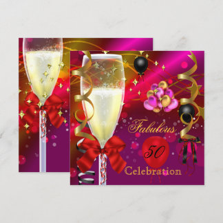 50 & Fabulous Pink Red Gold Black Birthday Party Invitation