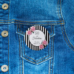 50 fabulous pink roses black white stripes button<br><div class="desc">Classic slim black and white vertical stripes as background. With girly, feminine and romantic pink roses as decoration. A white and black frame on front with template for name and date. With the text: 50 and fabulous. Black letters. Perfect as a 50th birthday favor or as a save the date...</div>
