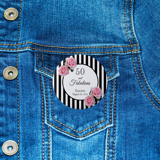 50 fabulous pink roses black white stripes button (Creator Uploaded)