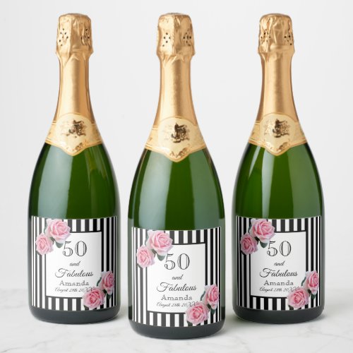 50 fabulous pink roses on black white stripes sparkling wine label