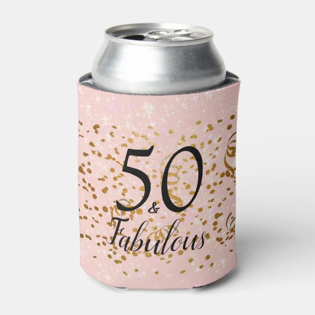 50 & Fabulous Pink With Gold Confetti Can Cooler (Can Front)