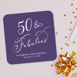 50 Fabulous Purple 50th Birthday Party Square Paper Coaster