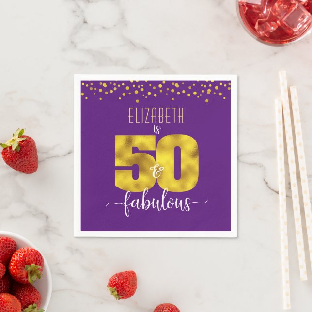 50 fabulous purple birthday gold dots script bold napkins (Insitu)