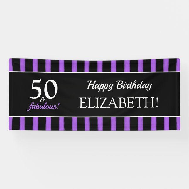 50 & Fabulous Purple & Black Modern Birthday Party Banner (Horizontal)