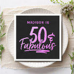 50 & Fabulous Purple Glitter 50th Birthday Name Napkins<br><div class="desc">50 & Fabulous Purple Glitter 50th Birthday Sparkle Paper Party Napkins features the modern text design "50 & Fabulous" in purple glitter calligraphy script on a black background. Personalized with your custom name above by editing the text in the text box provided. Perfect for a 50th birthday party or celebration....</div>