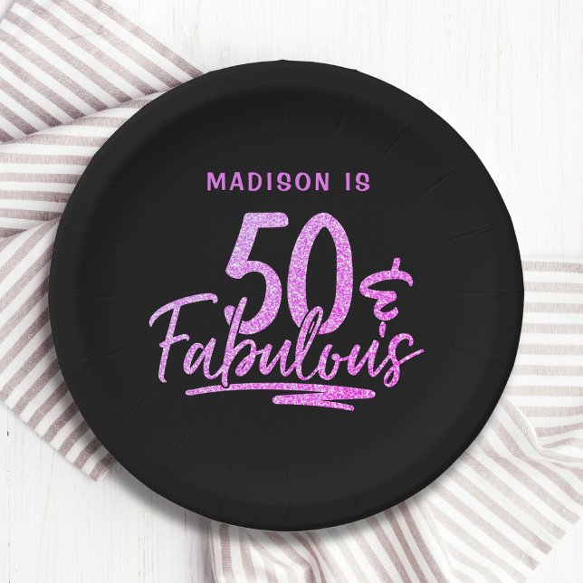 50 & Fabulous Purple Glitter 50th Birthday Name Paper Plates (Creator Uploaded)