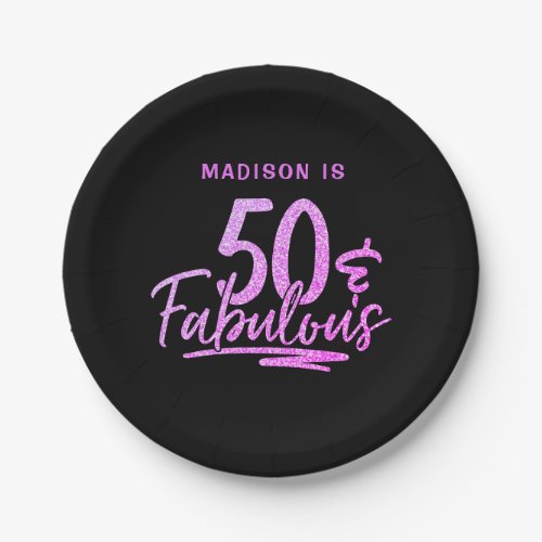50  Fabulous Purple Glitter 50th Birthday Name Paper Plates