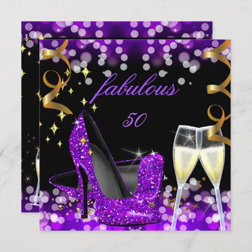 50 Fabulous Purple Glitter High Heel 50th Birthday Invitation