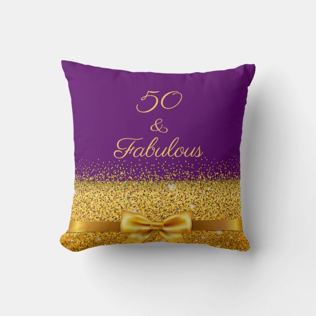 50 fabulous purple gold bow throw pillow (Front)