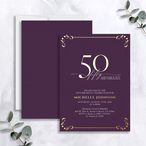 50  Fabulous Purple  Gold Calligraphy Birthday  Foil Invitation