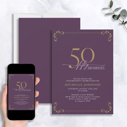 50  Fabulous Purple  Gold Calligraphy Birthday Invitation