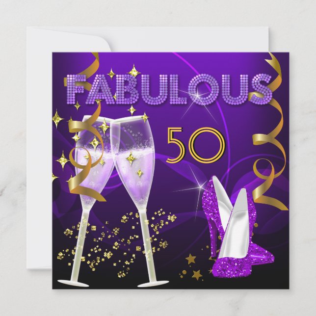 50 Fabulous Purple Gold Champagne Shoes Invitation (Front)