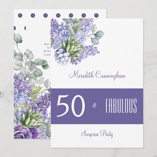 50 & Fabulous Purple Lilacs Watercolor Invitation (Front/Back)