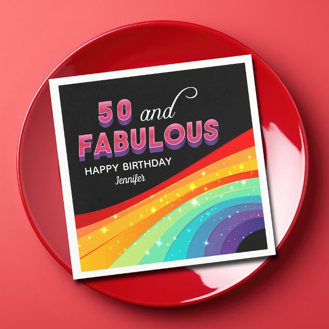 50 & Fabulous Rainbow Sparkle 50th Birthday Party Napkins (Creator Uploaded)