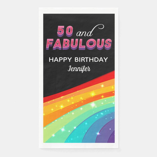 50 & Fabulous Rainbow Sparkle 50th Birthday Party Paper Guest Towels (Front)
