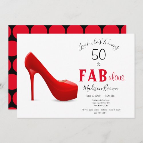 50  Fabulous Red Black Girly Stilleto Birthday Invitation