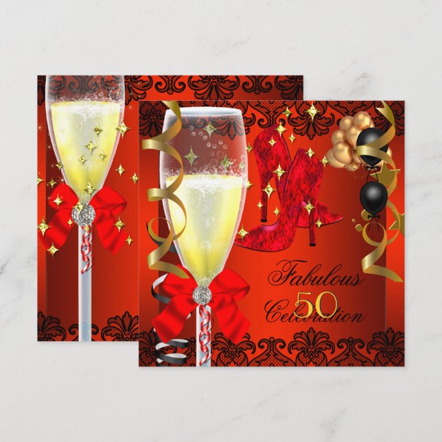 50 Fabulous Red Black Gold 50th Champagne Party Invitation (Front/Back)
