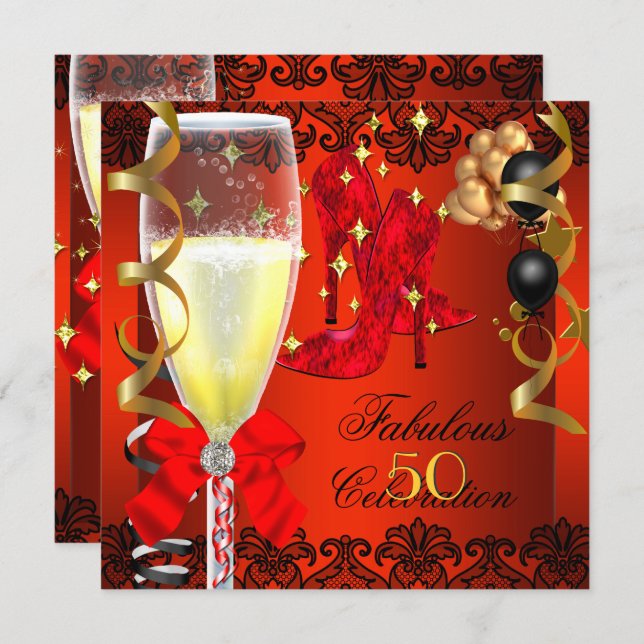 50 Fabulous Red Black Gold 50th Champagne Party Invitation (Front/Back)