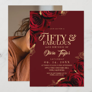 50 & Fabulous Red Black Gold Roses Birthday Invitation